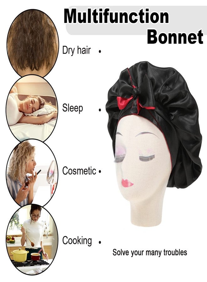 CHLINS Satin Bonnet Silk Sleep Cap Hair Bonnets for Black Women Stretchy Tie Band for Curly Hair Wrap(Black+Red) - Image 5